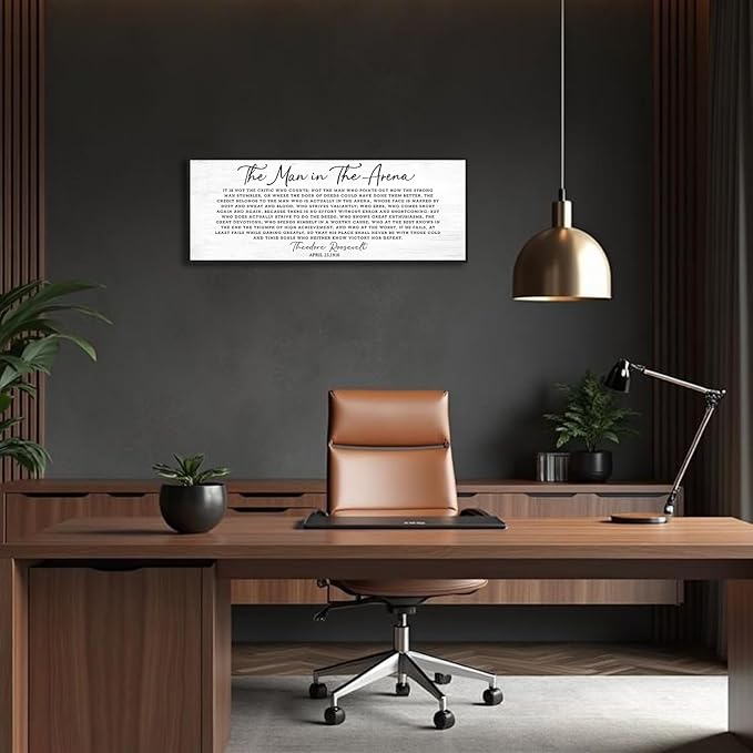 Motivational Wall Art Office Decor: The Man in The Arena Wall Art Canvas Print Framed Poster 32''×12'', Inspirational Gifts for Men, Positive Quotes Wall Decor for Modern Bedroom Living Room