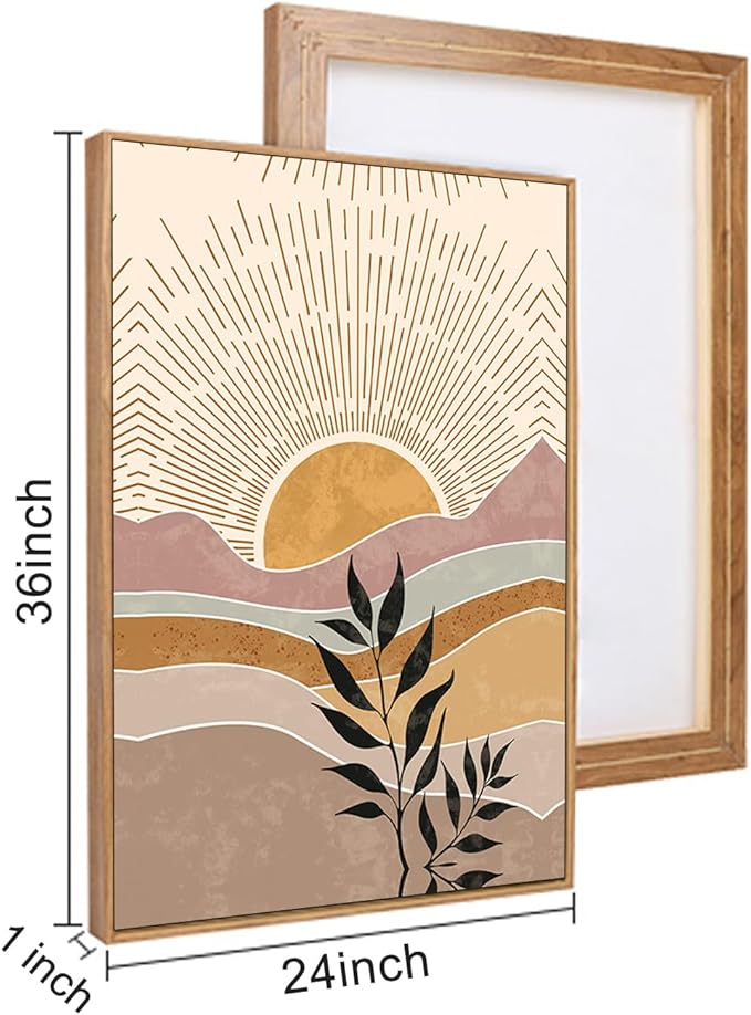 HPINUB Boho Framed Canvas Wall Art Prints, Set of 3 Mid Century Modern Wall Decor, Nature Plants Desert Sun Art Paintings, Bohemian Artwork for Living Room, Bedroom, Dining Room, Office - 24"x36"x3