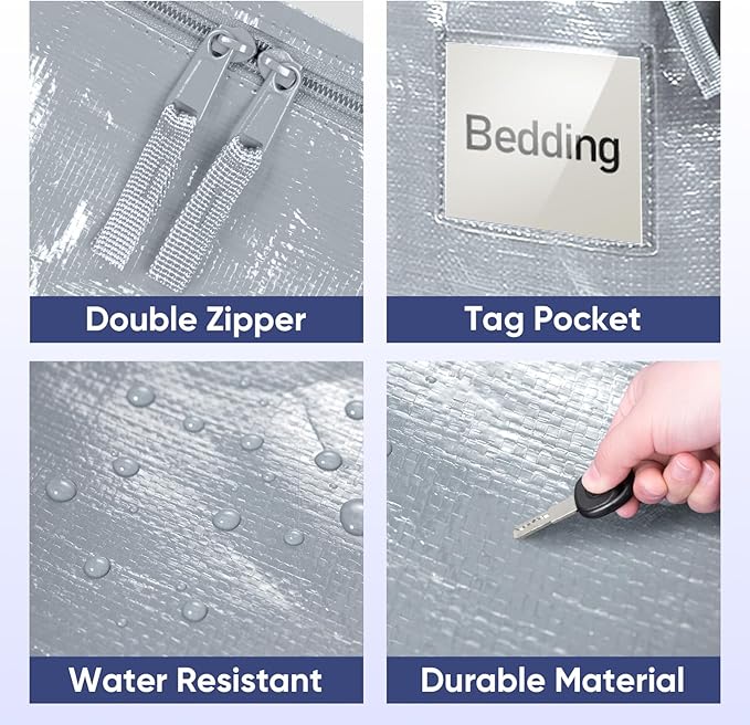 TICONN 4 Pack Extra Large Moving Bags with Zippers & Carrying Handles, Heavy-Duty Storage Tote Moving Boxes for Space Saving (4 Pack, Light Grey)