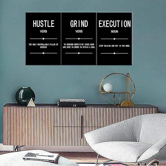 Motivational Wall Art Grind Hustle Execution Noun Poster Painting 3 Pieces Canvas Print Office Decor Inspiring Framed Inspirational Quotes for Wall Art Decoration Ready to Hang [48''Wx 24''H]