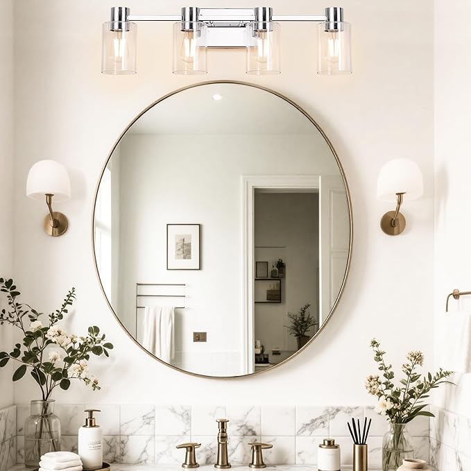 4-Light Modern Vanity Light Fixtures Over Mirror, Chrome Bathroom Light Fixtures, Vanity Lights, Wall Sconce with Clear Glass Shade for Bathroom, E26 Base