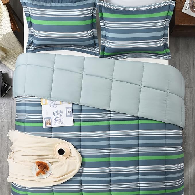 Beyond Basic King Size Comforter Set - Green & Grey Striped, Lightweight Down Alternative Bed Comforter Set (Green/Grey, King)