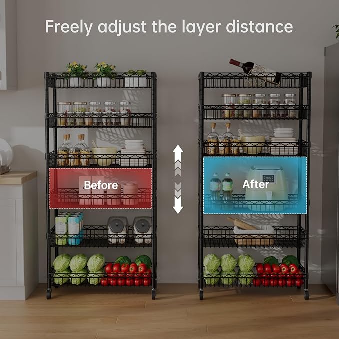 6 Shelves Storage Shelf Wire Closet Bathroom Organizers Metal Pantry Kitchen Garage Shelving Unit Laundry Room Organization Home Rack Net Basket Black with Wheels 30" Dx14 Wx65 H