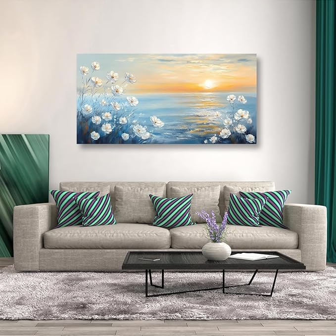 Seascape Pictures Canvas Wall Art for Living room Office Bedroom Wall Decor, Natural Landscape Wall Art Print Modern Noble White Flower Oil Painting Artwork Waterproof Ready to Hang-20x40inch