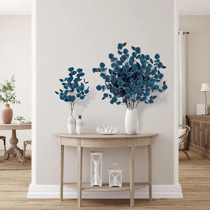 Sggvecsy 6 Pcs Eucalyptus Leaves Artificial Eucalyptus Stems Long Silver Dollar Leaves Faux Leaf Branches Fake Silk Eucalyptus for Spring Summer Home Festival Thanksgiving Christmas Decor (Blue)