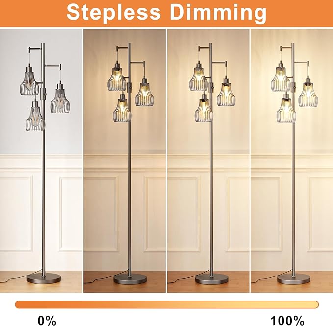 Dimmable Floor Lamps for Living Room, Industrial Tree Standing Tall Lamps with 3 Elegant Cage Shade for Bedroom Office - Grey