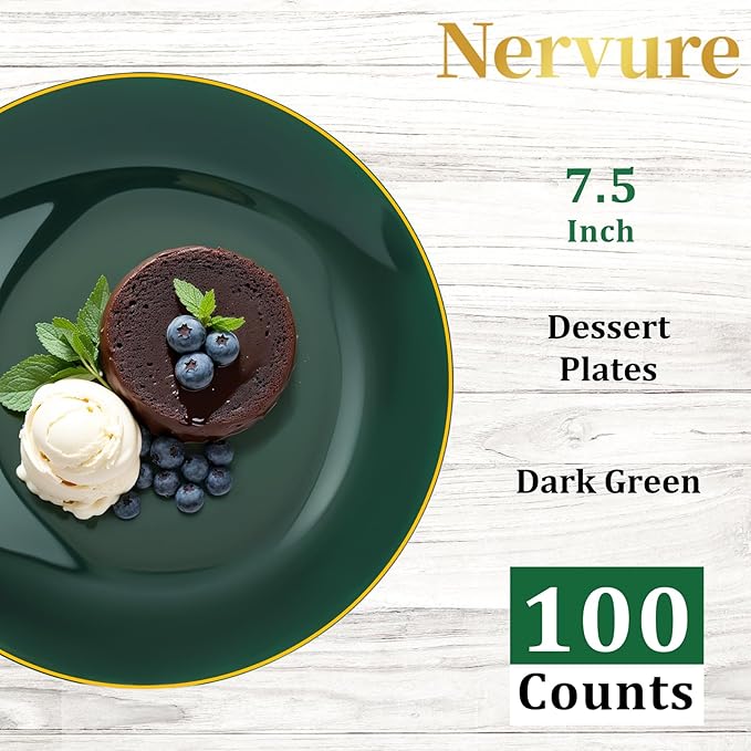 Nervure 100Pcs Green and Gold Plastic Plates - 7.5inch Disposable Green Dessert/Salad Plates - Heavy Duty Plastic Plate Ideal for Wedding & Party & Christmas