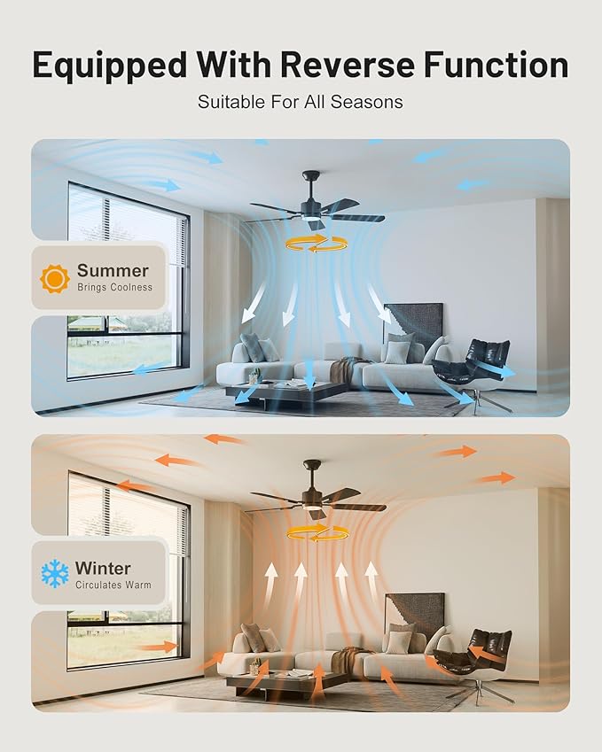 CubiCubi Ceiling Fans with Lights, 52 inch Ceiling Fan with light and Remote/APP Control, 3CCT, Dimmable, Quiet, Reversible, Modern Ceiling Fans for Indoor Bedroom, Living Room, Kitchen, Black