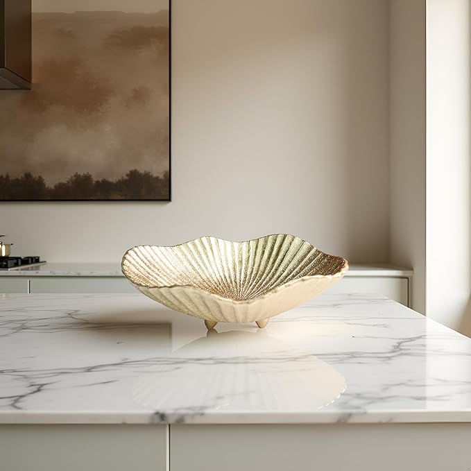 Large Decorative Bowl decor, Scalloped Pedestal Bowls,Modern Home Decor,Ruffle Decor,Stylish Key Bowl for Entry Table,Decorative Fruit Bowl for Kitchen Counter, Golden