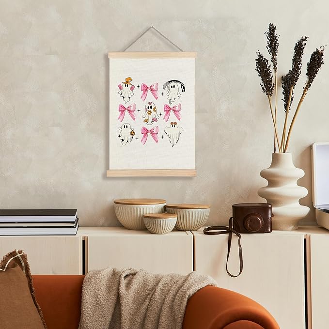 Supwhd Cute Halloween Ghosts Wall Art with Wooden Poster Hanger, Trendy Preppy Pink Bow Coquette Wall Decor, Coquette Preppy Room Decor, Halloween Pictures Wall Decor, 12x16