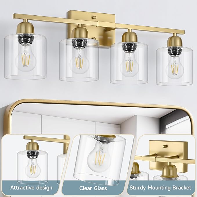 4 Light Gold Light Fixture Bathroom, Brushed Gold Vanity Light with Clear Glass, Lights for Bathroom Mirror for Mirror Living Room Bedroom Hallway E26 Base