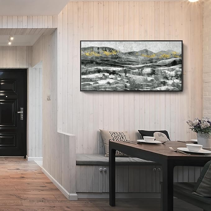 Black Framed Wall Art for Living Room Abstract Mountain & Sea Nature Landscape White Ocean Waves Picture Modern Minimalist Textured Seascape Painting Coastal Canvas Print Neutral Artwork 24x48inch