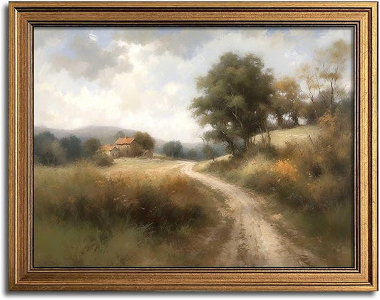 Framed Vintage Wall Art Classical Oil Painting Country Road Canvas Print Kitchen Living Room Farmhouse Wall Decor (Rural Trail, 20L x 16W)