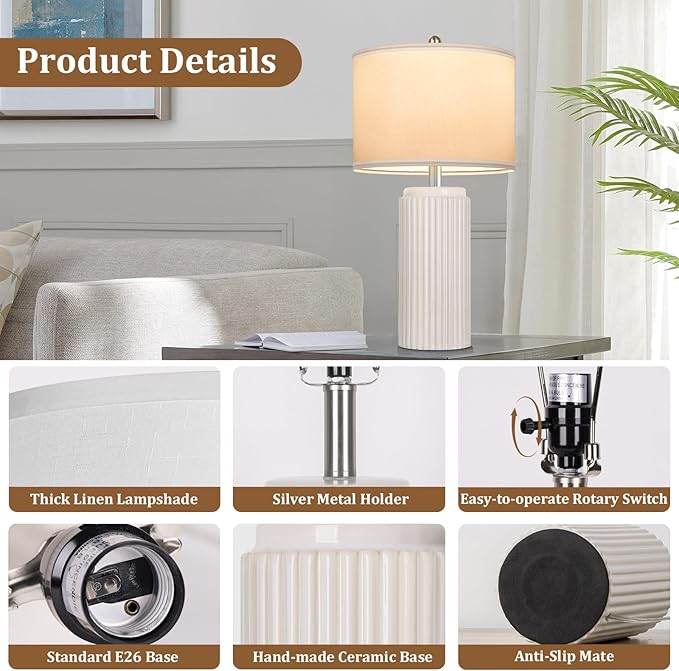 23.5’’ Beige Modern Ceramic Table Lamps Set of 2 for Living Room, Farmhouse Bedside Lamps with Upgraded White Linen Shade, Rustic Nightstand Lamps for Bedroom Home Office, Vintage End Table Dorm