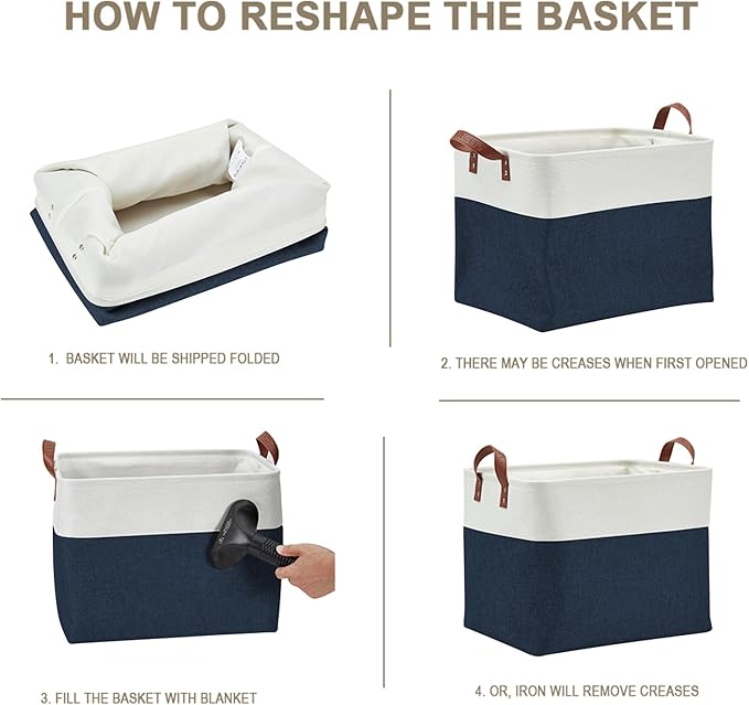 DECOMOMO Fabric Storage Basket Large Closet Storage Bins for Toys Nursery & Laundry Storage (Navy Blue & White, XXL - 3 Pack)