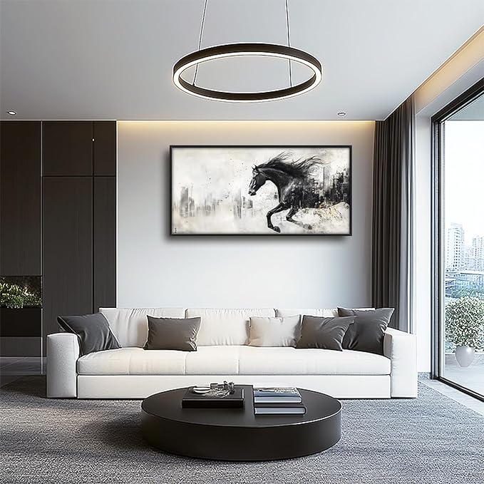 Framed Large Wall Art for Living Room, Black Running Horse Canvas Wall Decor, Large City Picture Framed Painting, Abstract Modern Artwork for Bedroom Office 60L'' × 30W''