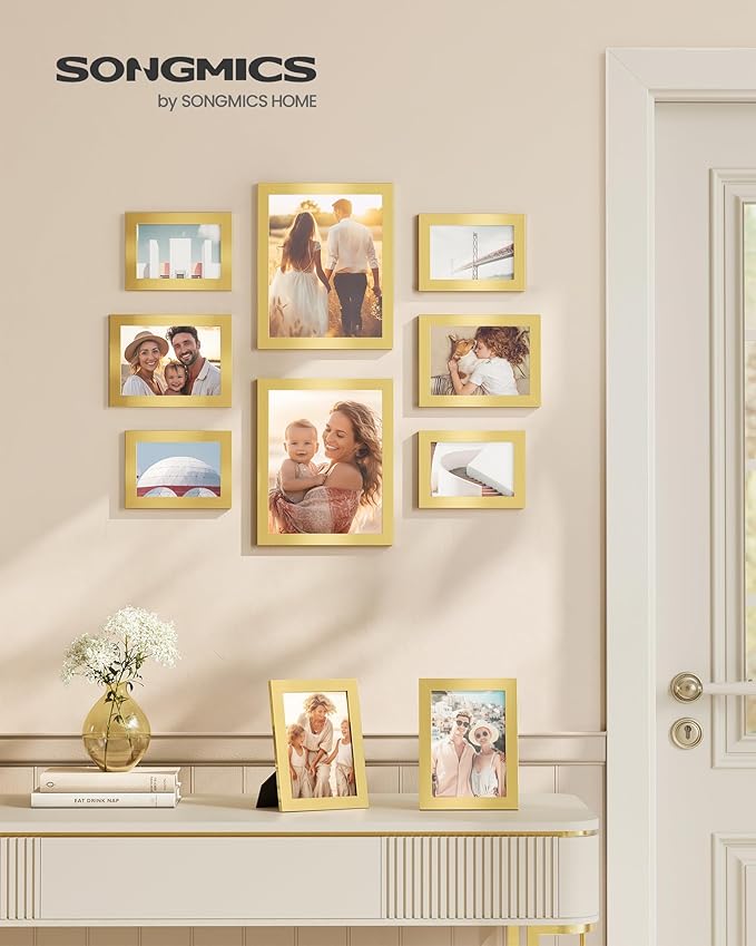 SONGMICS Picture Frames, Collage Picture Frames Set of 10, Two 8x10, Four 5x7, Four 4x6, Photo Frame for Wall Gallery Decor, Table Display, Glass, Pale Gold URPF010A01