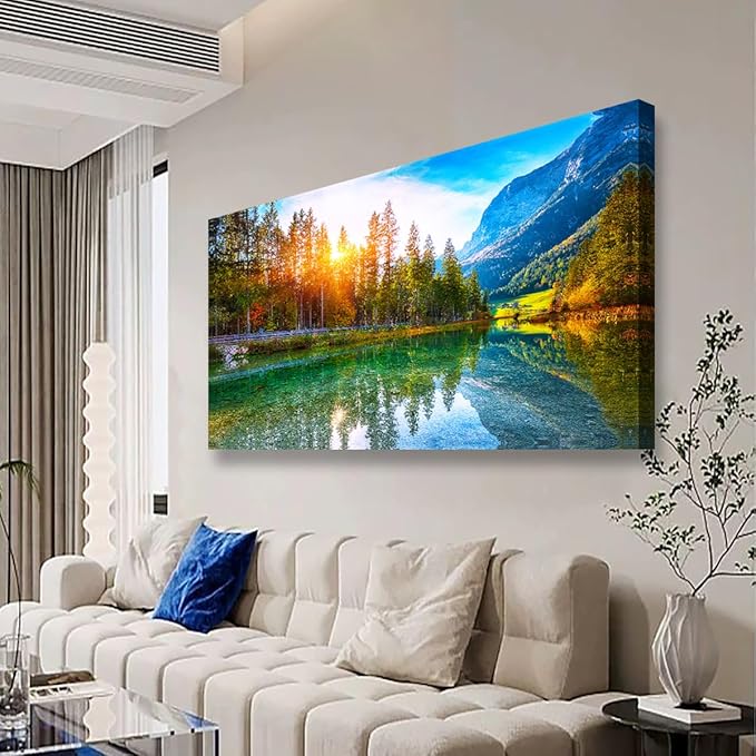 Scenery Canvas Wall Art for Living room Office Bedroom Sunshine Forest Landscape Wall Art Green Nature Pictures Art Print Paintings Modern Mountain Lake Wall Decor Artwork Waterproof -20 * 40inch