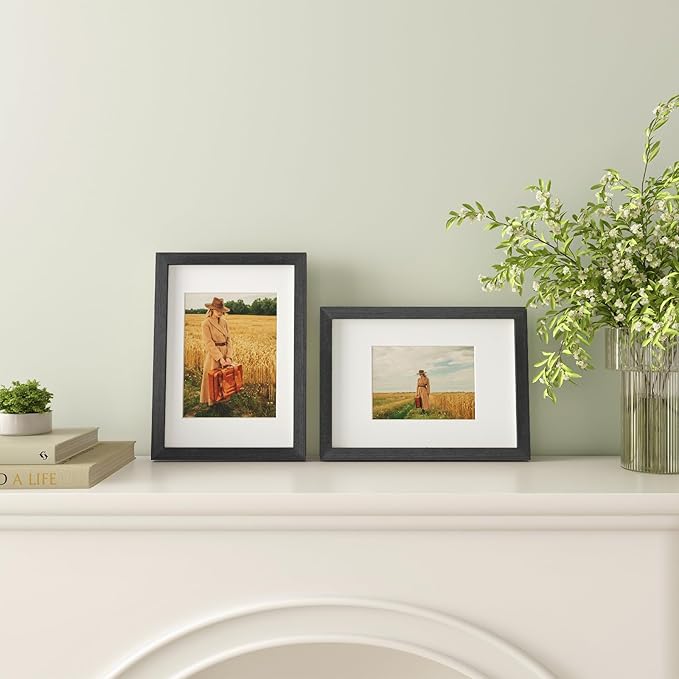 Egofine A4 Picture Frames Set of 4, Made of Solid Wood Covered by Plexiglass 4x6 and 6x8 with Mat or A4 without Mat, for Table Top Display and Wall Mounting Photo Frame Rustic Black