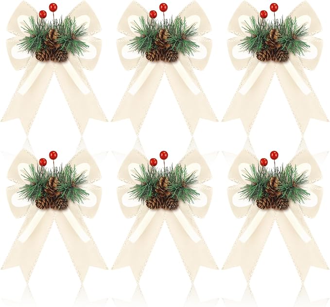 Syhood 6 Pcs Christmas Velvet Bow with Pine Cones Pine Needles Berries Xmas Champagne Ribbon Bow Ornaments 6.3 x 5.1 Inch for Christmas Tree Wreath Garden Fireplace Crafts DIY Decor
