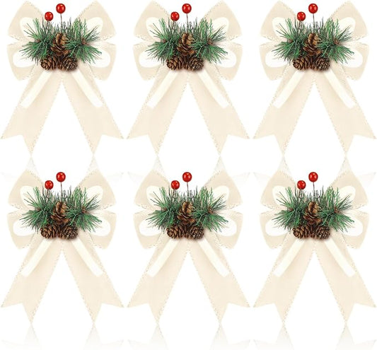 Syhood 6 Pcs Christmas Velvet Bow with Pine Cones Pine Needles Berries Xmas Champagne Ribbon Bow Ornaments 6.3 x 5.1 Inch for Christmas Tree Wreath Garden Fireplace Crafts DIY Decor