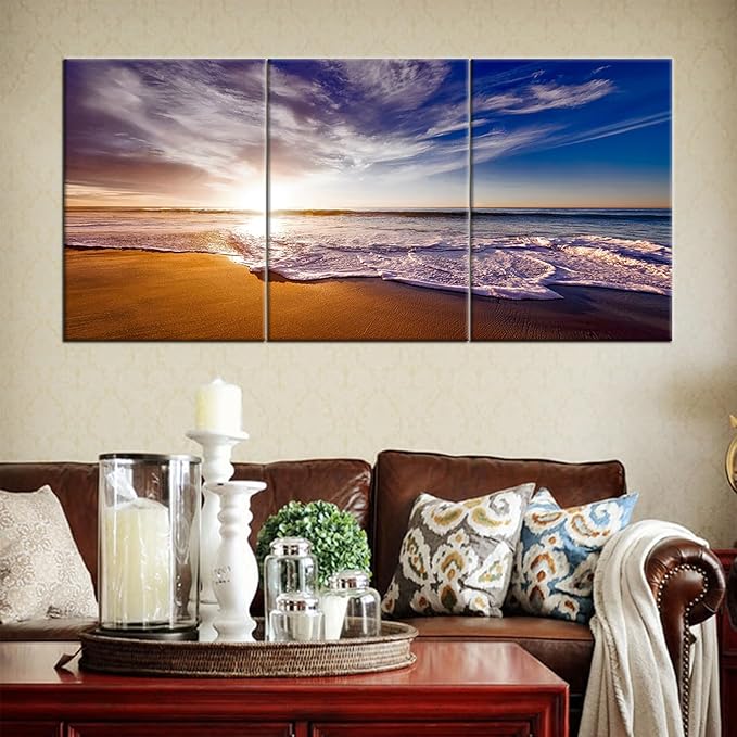 Landscape Wooden Framed Canvas Wall Art Beach Sunset Posters Print Summer Seascape Painting Artwork for Modern Home Living Room Dinning Room Hotel Picture Wall Decoration Ready to Hang [60''W x 28''H]