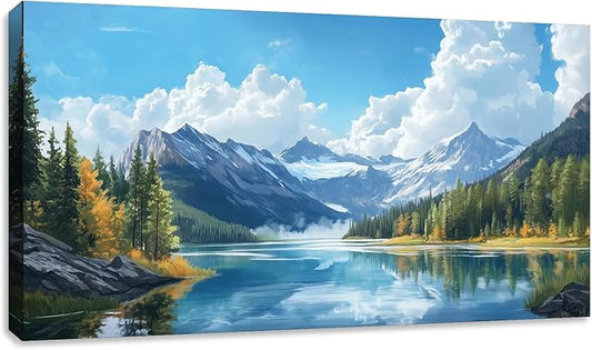 Large Mountain Canvas Wall Art for Living Room Blue Nature Landscape Picture Wall Decor for Bedroom Home Office Decoration Painting Poster Framed Artwork 48L x 24W