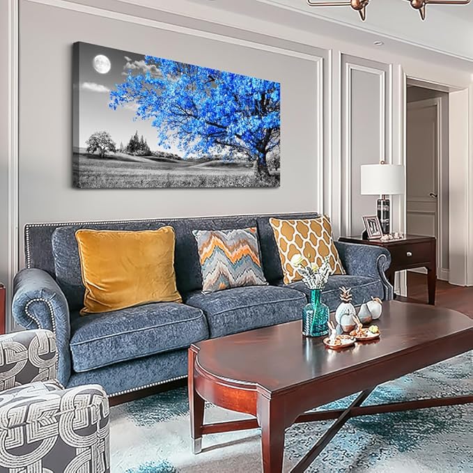 Wapluam Large Canvas Wall Art For Living Room Modern Wall Decor For Bedroom Black And White Wall Paintings Blue Tree Scenery Wall Pictures Prints Artwork Office Decor Aesthetic Home Decor 30" X 60"
