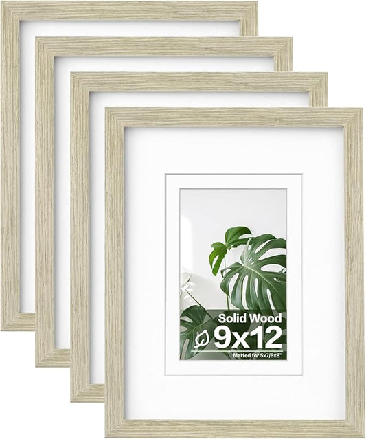 Egofine 9x12 Picture Frames Set of 4, Made of Solid Wood Covered by Plexiglass 5x7 and 6x8 with Mat or 9x12 without Mat, for Table Top Display and Wall Mounting Photo Frame Distressed Wood Grain