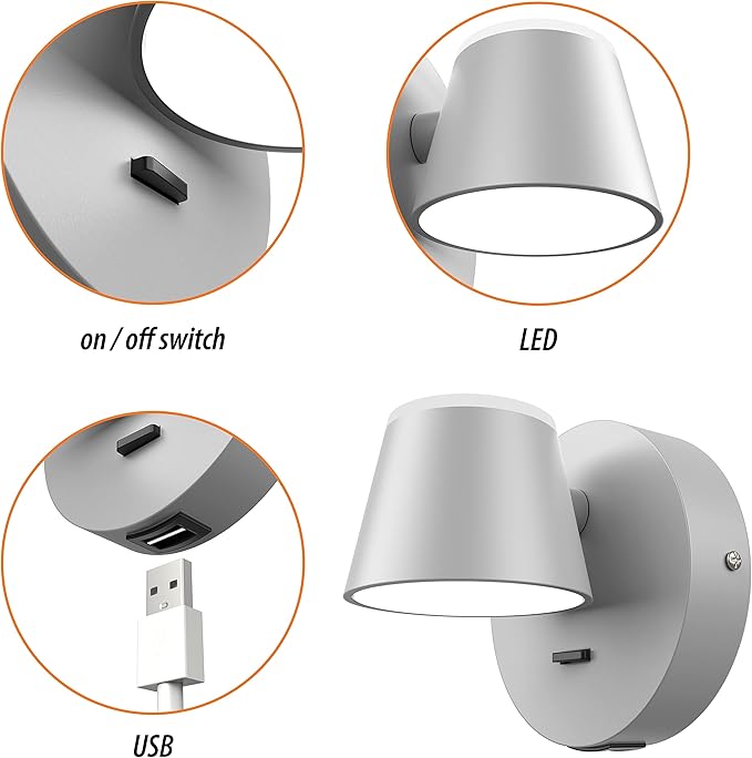 URSOLA Wall Light LED Wall Sconce with On/Off Switch USB Charging Port 110 Volt Hardwired Wall Lamp 350 Rotatable Up Down Sconces Wall Lighting (Grey)