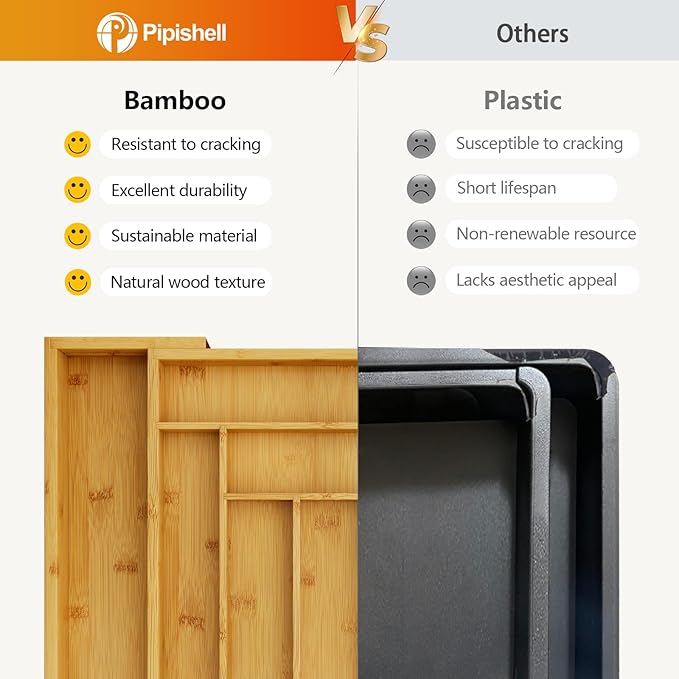 Pipishell Bamboo Silverware Organizer, Expandable Cutlery Tray, Utensil Drawer Organizer in Kitchen for Spoons Forks Knives, Multipurpose Use, Natural, Large