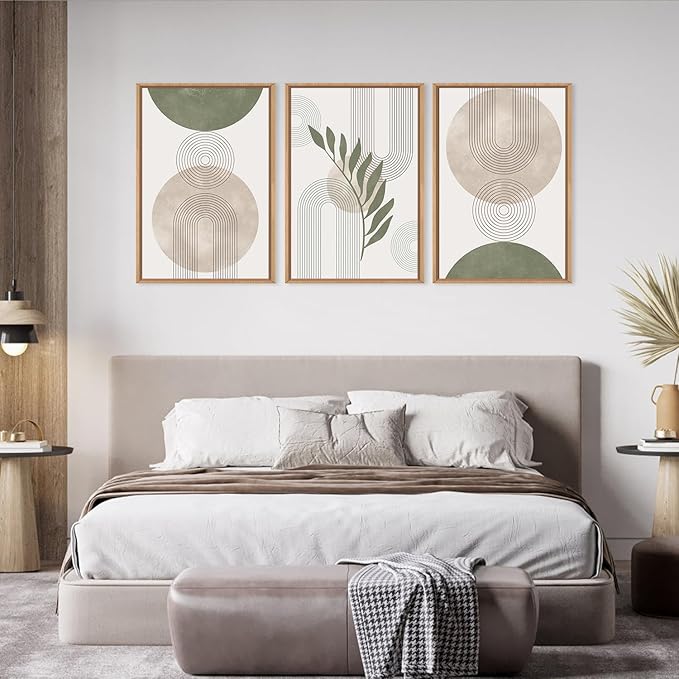 HPINUB Sage Green Framed Canvas Prints Wall Art Set, Abstract Botanical Boho Wall Decor, Minimalist Geometric Line Leaf Canvas Artwork for Living Room, Bedroom, Dining Room, Office, Bathroom -