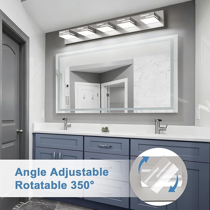 LED Modern Bathroom Vanity Light Fixtures, 5-Light 34-inch Dimmable Brushed Nickel Vanity Lights for Bathroom Lighting Fixtures Over Mirror, with 350° Rotatable Acrylic Heads (Cool White 6000K)