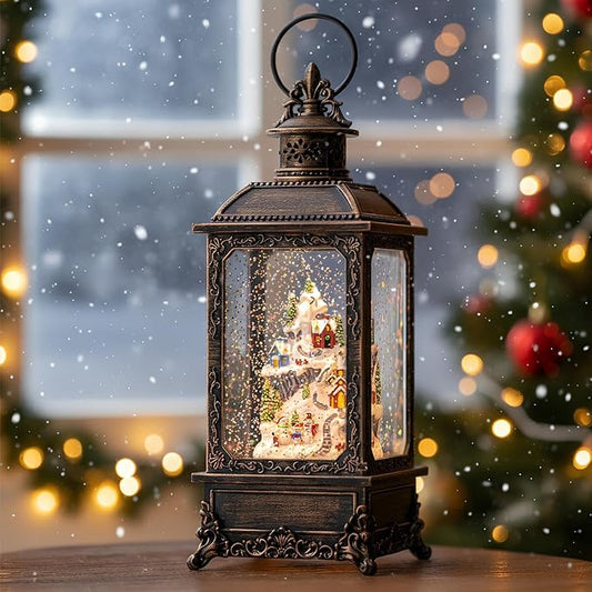 Christmas Village Snow Globe Lighted Snowy Mountain Village Scene, Musical Snow Water Lantern Swirling Glittering Home Decoration and Gift, Battery Operated or USB Powered
