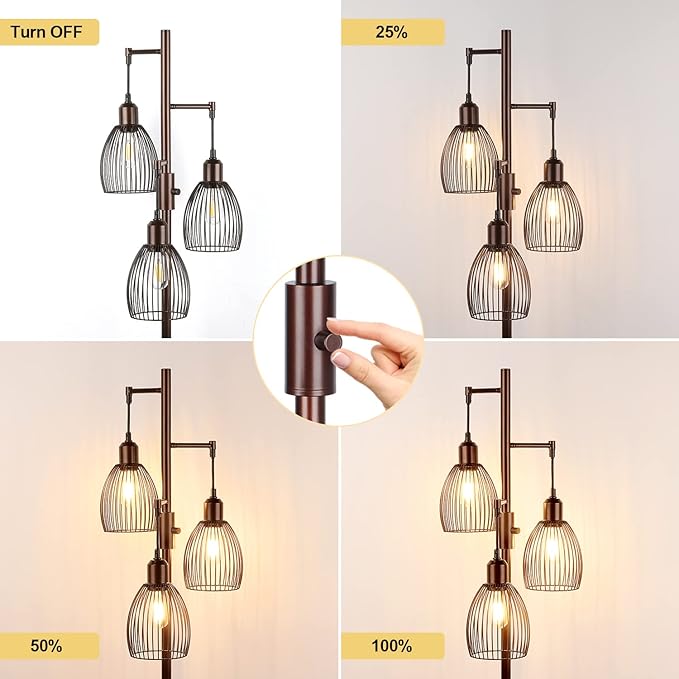 Dimmable Floor Lamp, Industrial Floor Lamps for Living Room, Brown Tree Lamp Standing Lamp Tall Lamps with 3 Elegant Teardrop Cage Head & 800 Lumens LED Bulbs for Living Room Bedroom Office