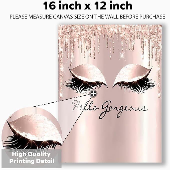 Feminine Eyelash Canvas Wall Art 12x16 Inch - Hello Gorgeous Framed Decor for Bathroom, Bedroom, Home Office - Rose Gold Girly Aesthetic Ready to Hang