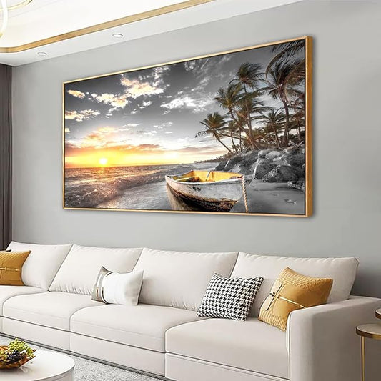 Beach Wall Art Sunset Seascape Pictures Bedroom Decor Boat Tree Ocean Landscape Canvas Wall Art for Living Room Office Natural Scenery Artwork 20 * 40inch