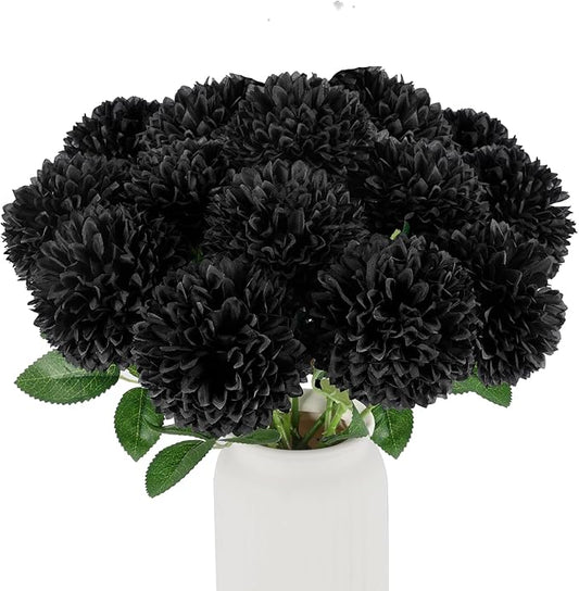 Hananona 12 Pcs Artificial Chrysanthemums Flowers Ball Flower, Fake Mums Flowers Black Silk Plants for Ghothic Home Decor Indoor Floral Arrangement Halloween Table Centerpiece (12, Black)