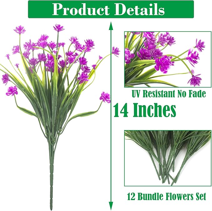 Artificial Fake Flowers, 12 Bundles Outdoor UV Resistant Greenery Shrubs Plants Indoor Outside Hanging Planter Home Garden Décor (Purple)