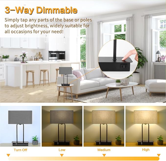 3-Way Dimmable Touch Control Table Lamp with USB Ports and AC Power Outlet Modern Bedside Nightstand Lamp Fabric Shade and Metal Base for Guestroom Bedroom Living Room LED Bulb Included Warm White