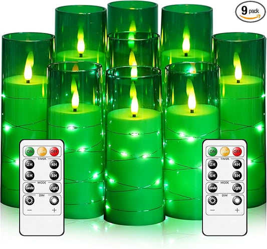 Flameless LED Candles with Timer 9 Pc Flickering Flameless Candles for Romantic Ambiance and Home Decoration Stable Acrylic Shell,with Embedded Star String，Battery Operated Candles（Green）