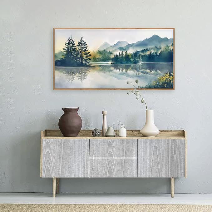 HPNIUB Large Green Mountain Framed Canvas Wall Art Set, Nature Foggy Forest Lake Reflection Wall Decor,Modern Pine Tree Artwork,Watercolor Landscape Art Print for Living Room,Bedroom,Office-20 x40