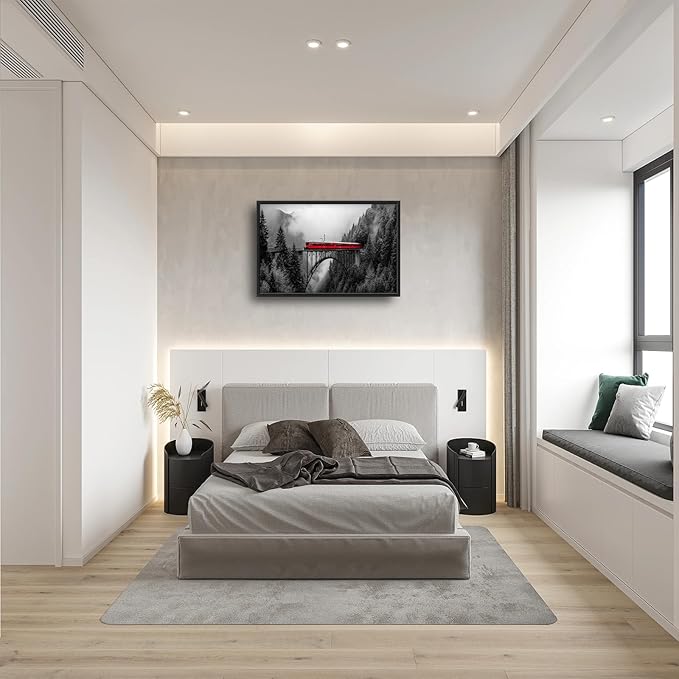 Olivine Train Large Wall Art, Black and White Pictures Wall Decor, Train Painting, Nature Landscape Canvas Prints, Framed Artwork for Dining Room Living Room Bedroom Bathroom Office Home 36"x24"