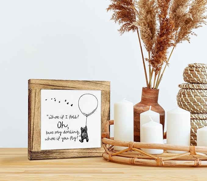 Inspirational Wood Sign - Desktop Plaque, Cartoon Lifestyle Decor, Motivational Home Decor for Kids & Adults - 'What If I Fall, Oh But Darling What If You Fly'