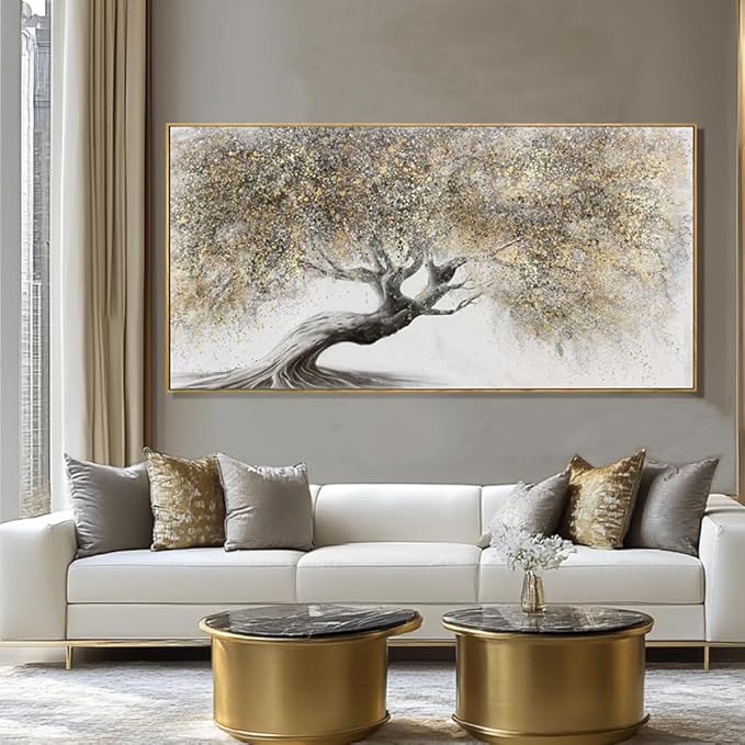 Tree Pictures Wall Decor Gold Canvas Paintings Plant Pictures Wall Art 24"x48" Landscape Decorative Prints for Bedroom Office
