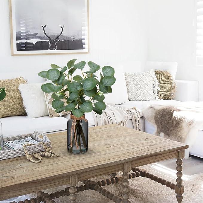 Briful Artificial Eucalyptus Stems in Black Glass Vase with Faux Water, 14" Fake Plant Eucalyptus Leaves for Home Office Farmhouse Wedding Centerpiece Décor, 2 Packs