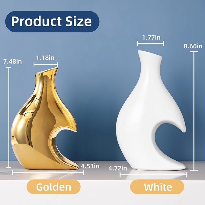 White and Gold Vases Set of 2, Modern Vases Home Decor, Gold Ceramic Decor Heart Shaped Vase, Pretty vases for Flowers, Decorative vase Table Centerpieces