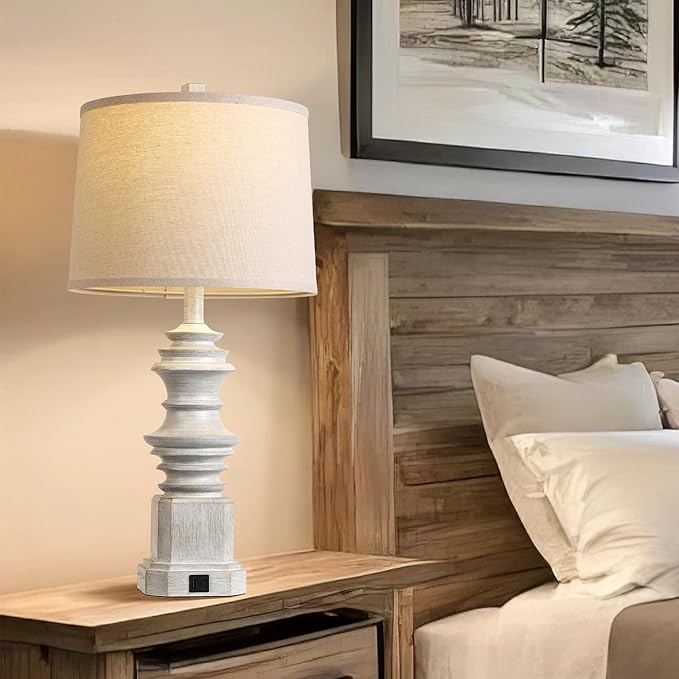 QiMH Table Lamps for Nightstand Set of 2, Bedside Lamp with USB A+C Charging Ports, Farmhouse Table Lamp with Linen Lampshade, Lamps for Living Room, Bedroom Lamps with LED Bulbs, Grey