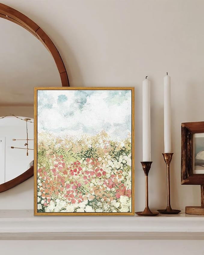 KBKBART Framed Wall Art for Bedroom & Bathroom, Vintage Spring Flower Pictures Aesthetic Farmhouse Wall Decor, Canvas Oil Painting, Summer Room Decor (12x16)