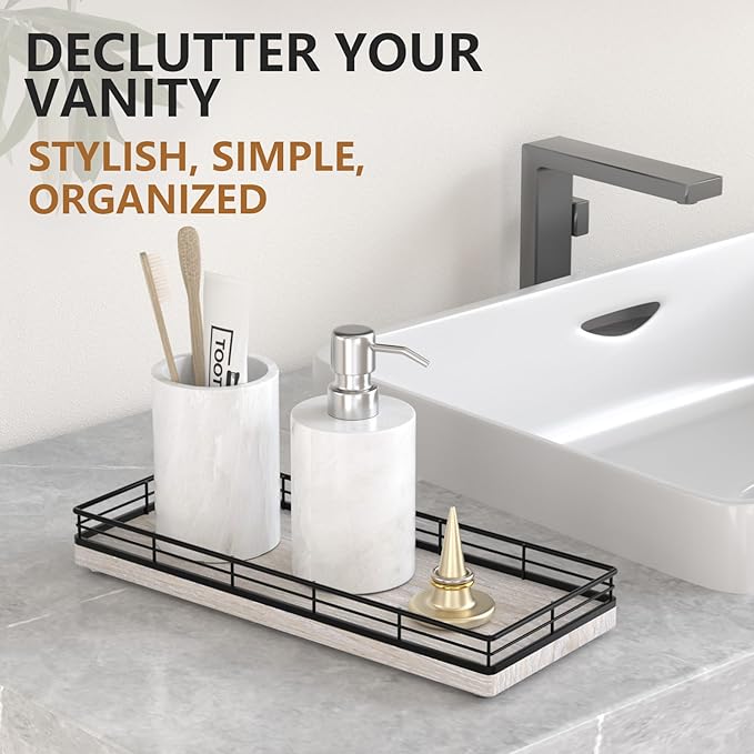 Bathroom Tray for Counter Top Organizer – Ash Wood Vanity Tray with Metal Frame for Dresser, Kitchen, Nightstand – Black & Whitewashed Decorative Storage